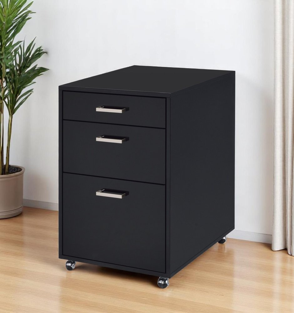 28" Black Wood And Metal Three Drawers Filing Cabinet HomeRoots