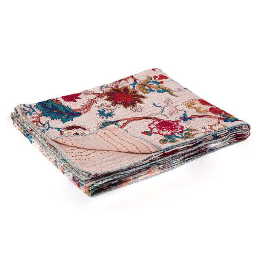 50" X 70" Pink and Red Kantha Cotton Floral Throw Blanket with Embroidery HomeRoots
