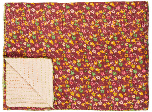 50" X 70" Maroon Yellow and Green Kantha Cotton Floral Throw Blanket with Embroidery HomeRoots