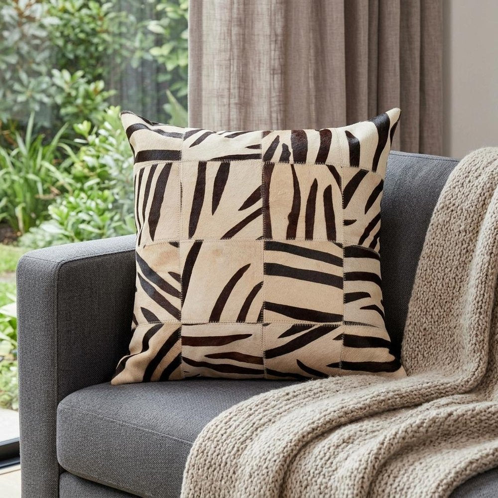 18" X 18" X 5" Zebra Black On White Patchwork Cowhide Pillow