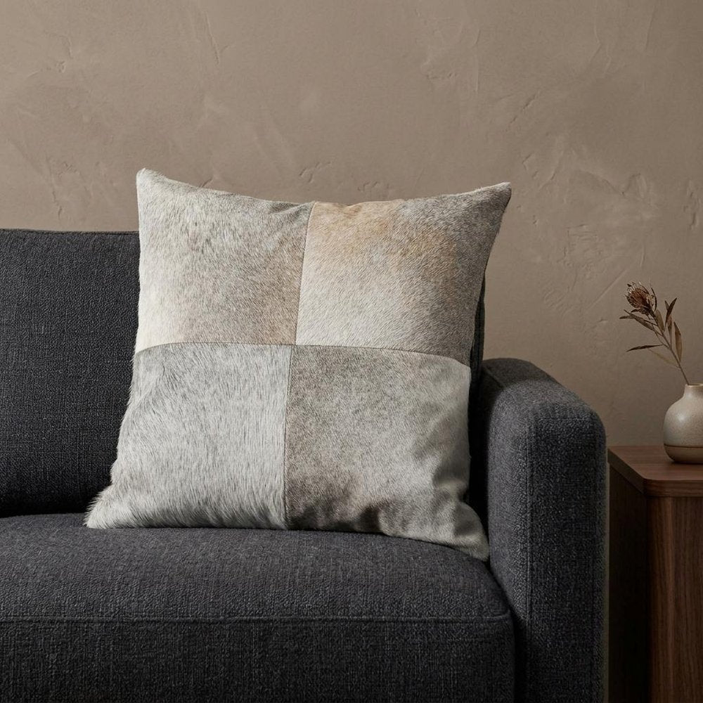 18" Gray Geometric Color Block Cowhide Throw Pillow HomeRoots