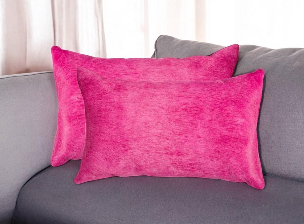 Set of Two 12" X 20" Fuchsia Cowhide Lumbar Throw Pillows HomeRoots
