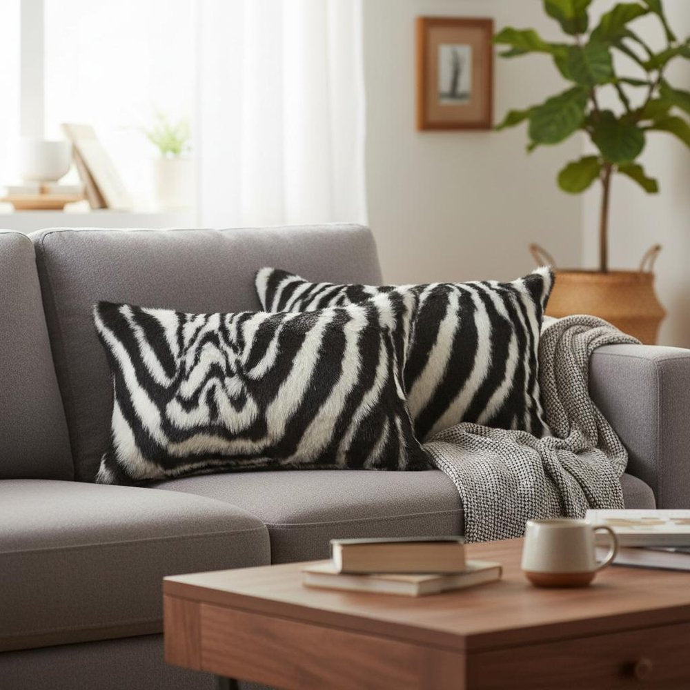 Set of Two 12" X 20" Black and White Faux Fur Throw Pillow HomeRoots