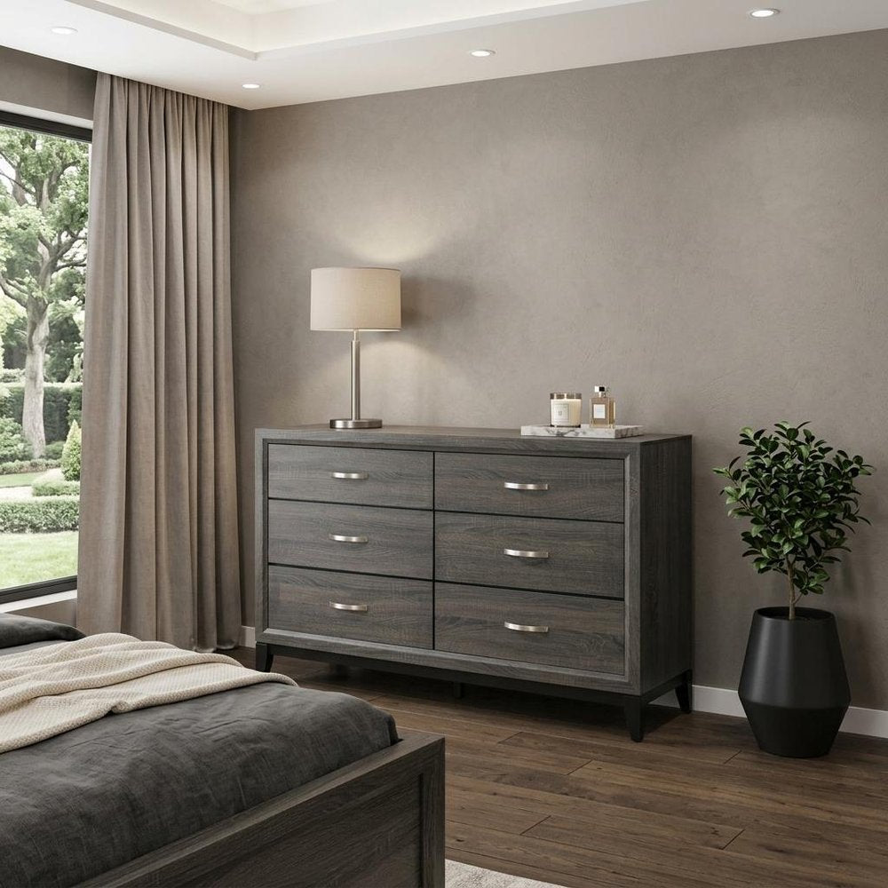58" Gray Wood Six Drawer Double Dresser HomeRoots