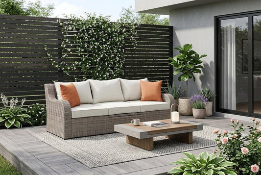 Three Piece Outdoor Gray Wicker Sectional Seating Group with Beige Cushions HomeRoots