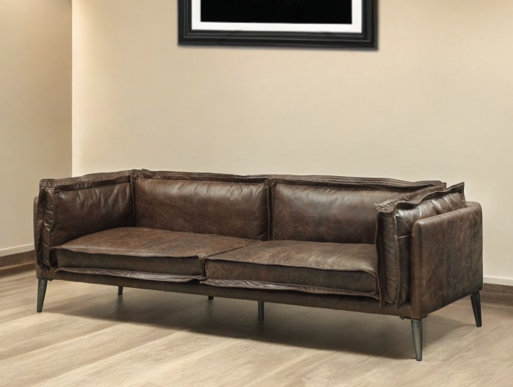 94" Chocolate Top Grain Leather Sofa With Dark Brown Legs HomeRoots