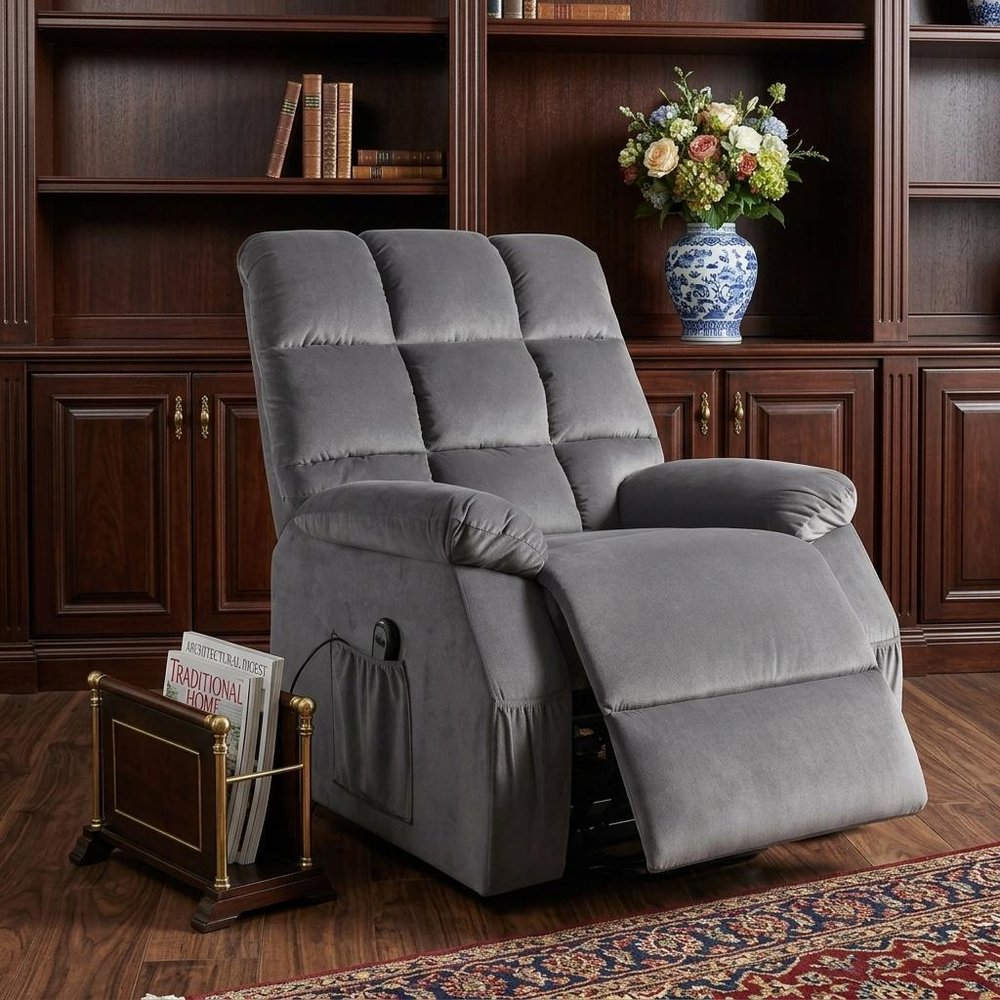 34" Gray Velvet Heated Massage Lift Assist Power Recliner HomeRoots
