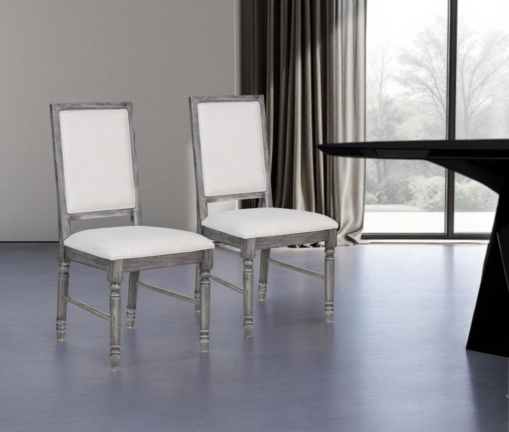Set of Two Cream and Gray Upholstered Linen Dining Side Chairs HomeRoots