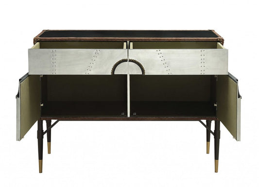 52" Brown Silver and Black Leather And Aluminum Console Table With Two Drawers HomeRoots
