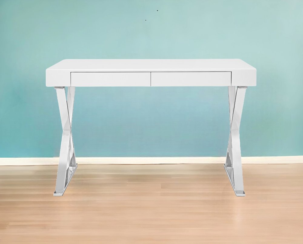 47" White and Silver Writing Desk With Two Drawers HomeRoots