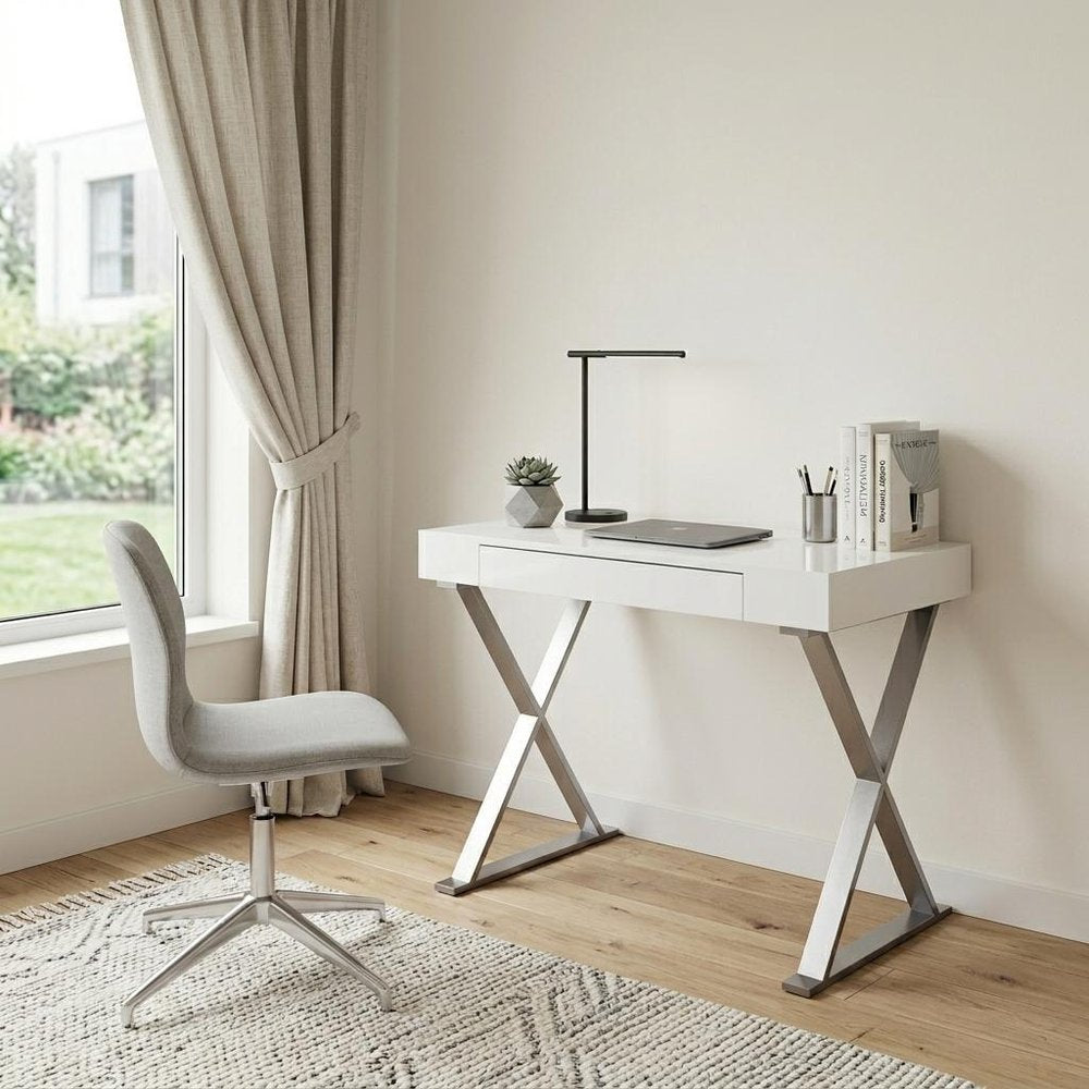 27" White and Silver Writing Desk HomeRoots