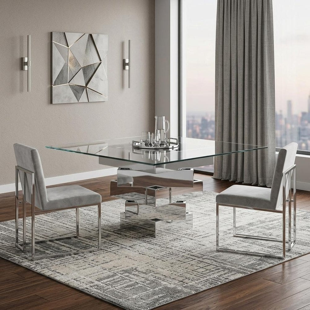 59" Clear And Gray Square Glass And Solid Wood Pedestal Base Dining Table HomeRoots