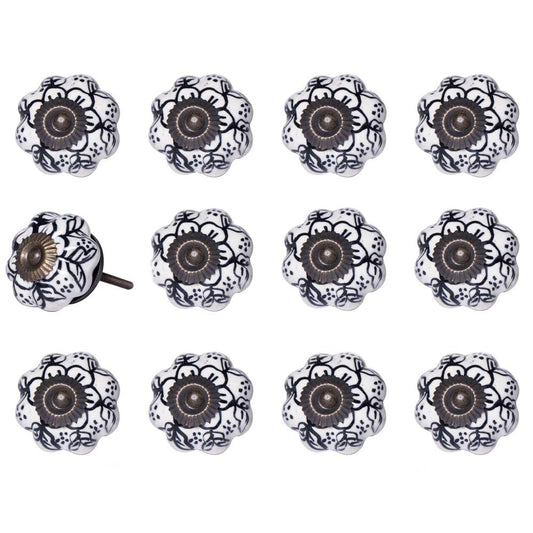 Set of Twelve Black And White Floral Ceramic Drawer Pull Knobs HomeRoots