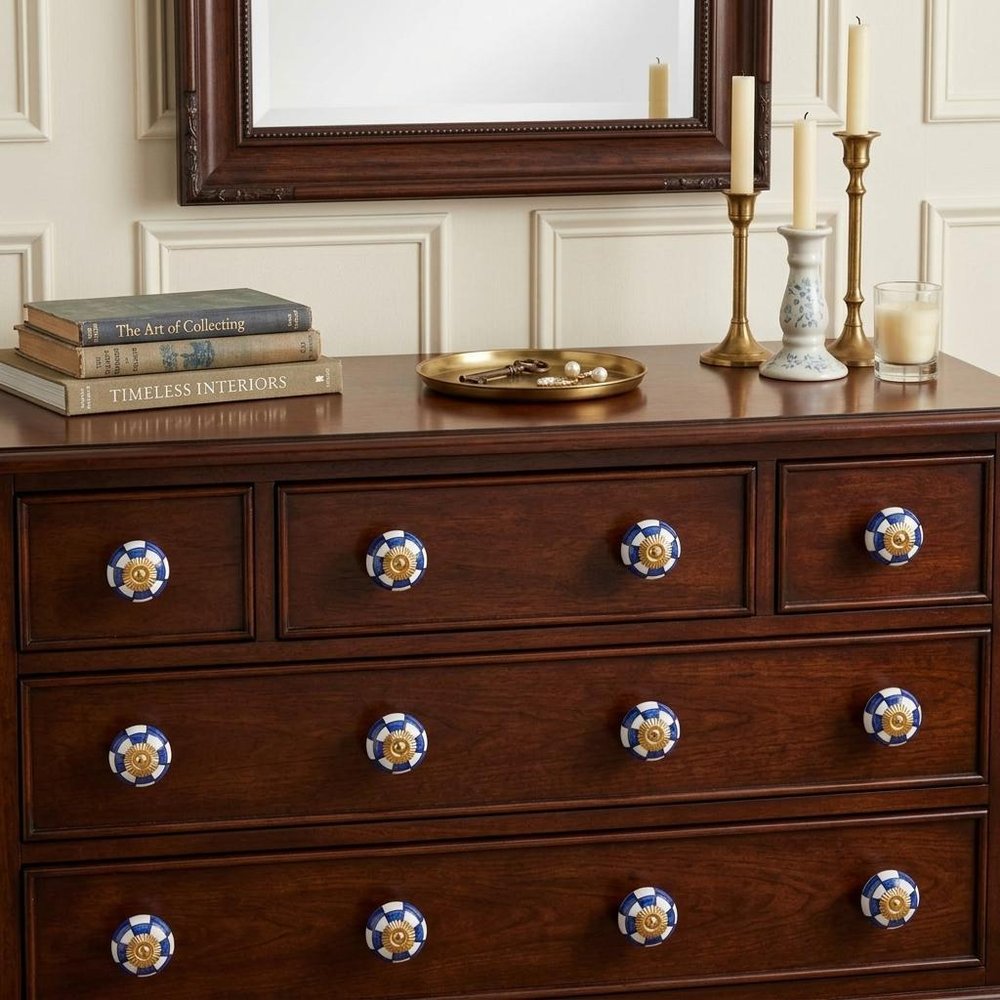 Set of Twelve Blue White And Gold Geometric Ceramic Drawer Pull Knobs HomeRoots