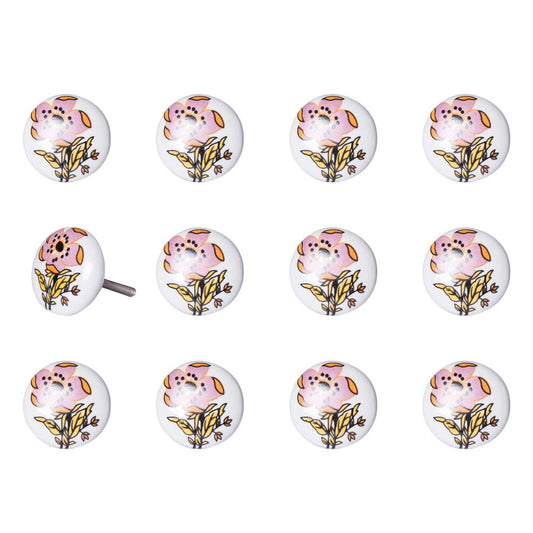 Set of Twelve Pink And White Floral Ceramic Drawer Pull Knobs HomeRoots