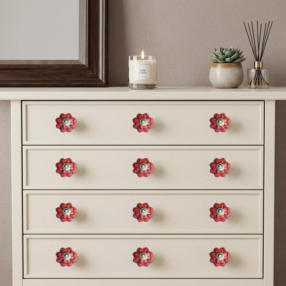 Set of Twelve Red Pink And Green Floral Ceramic Drawer Pull Knobs HomeRoots