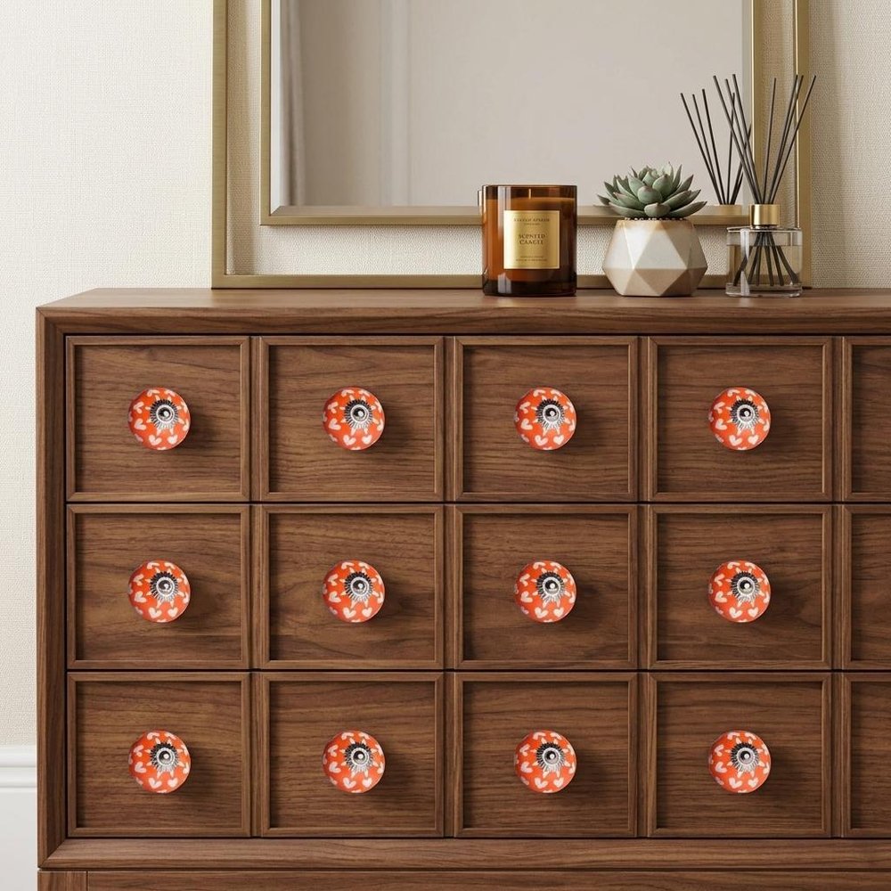 Set of Twelve Orange White And Silver Floral Ceramic Drawer Pull Knobs HomeRoots