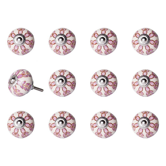 Set of Twelve Pink White And Burgundy Floral Ceramic Drawer Pull Knobs HomeRoots