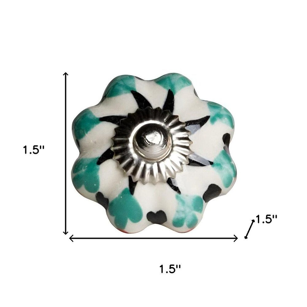 Set of Twelve Green Silver And White Geometric Ceramic Drawer Pull Knobs HomeRoots