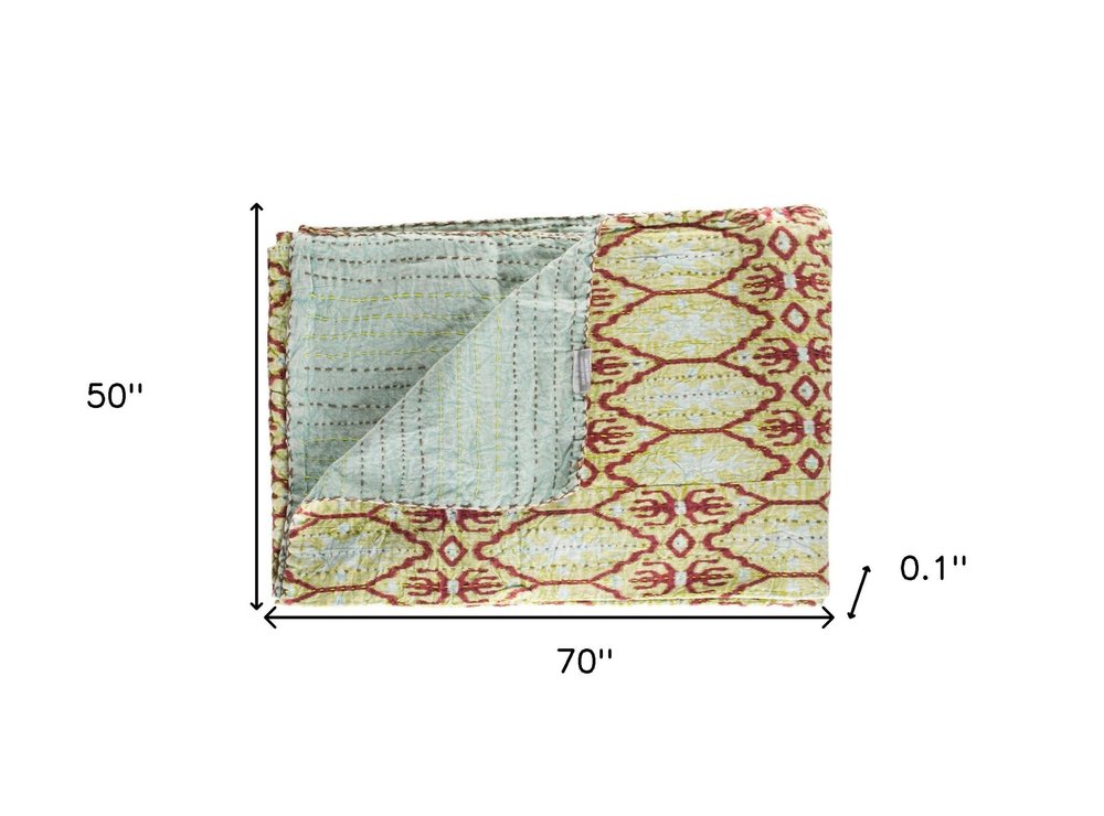 50" X 70" Red and Green Kantha Cotton Abstract Throw Blanket with Embroidery HomeRoots