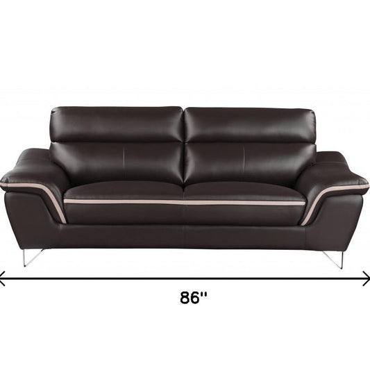 86" Brown Leather Sofa With Silver Legs HomeRoots