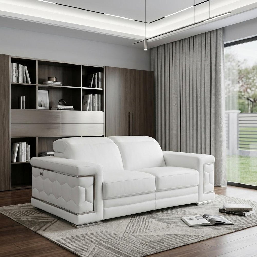 71" White Italian Leather Sofa With Silver Legs HomeRoots