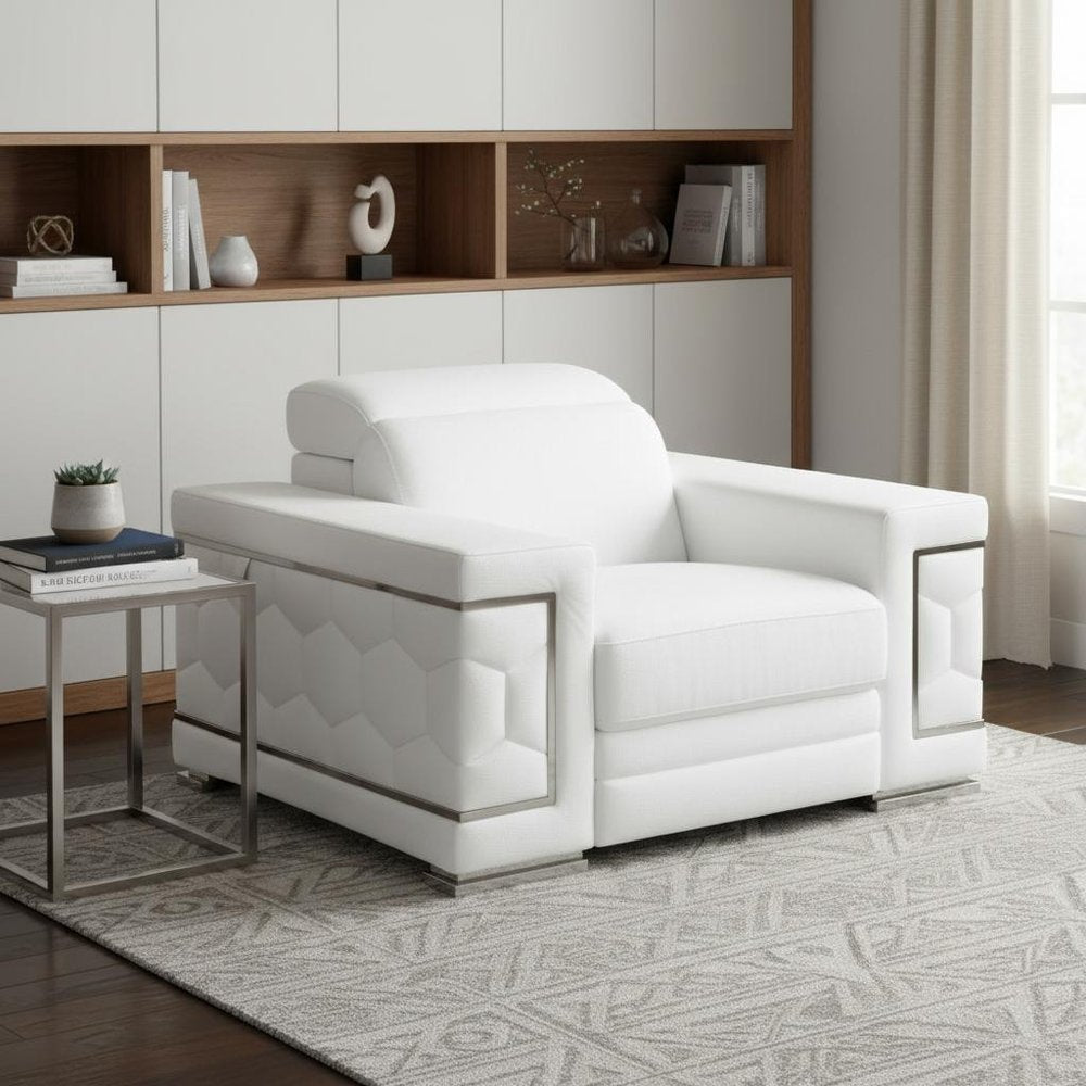 47" White And Silver Genuine Leather Arm Chair HomeRoots