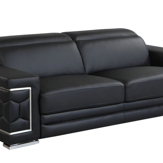 89" Black Italian Leather Sofa With Silver Legs HomeRoots