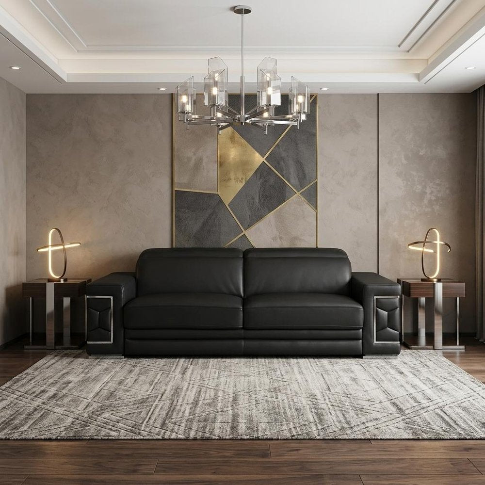 89" Black Italian Leather Sofa With Silver Legs HomeRoots