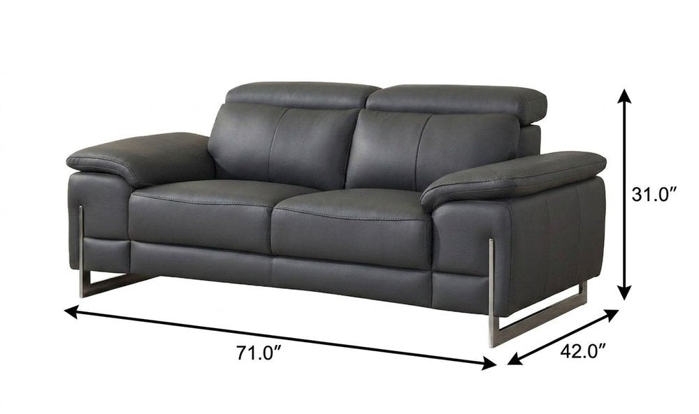 71" Dark Gray And Silver Genuine Leather Loveseat HomeRoots