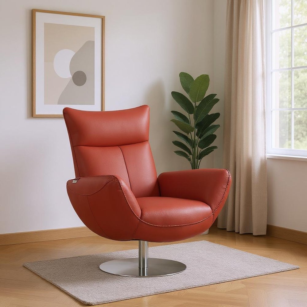 37" Red And Silver Genuine Leather Swivel Lounge Chair HomeRoots