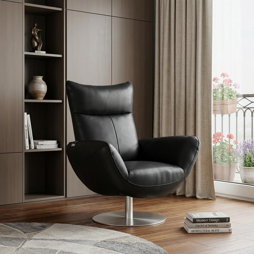 37" Black And Silver Genuine Leather Lounge Chair HomeRoots
