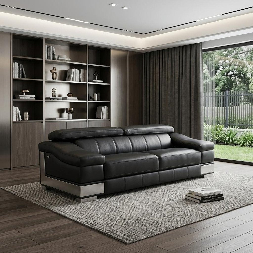 92" Black Italian Leather Sofa With Silver Legs HomeRoots