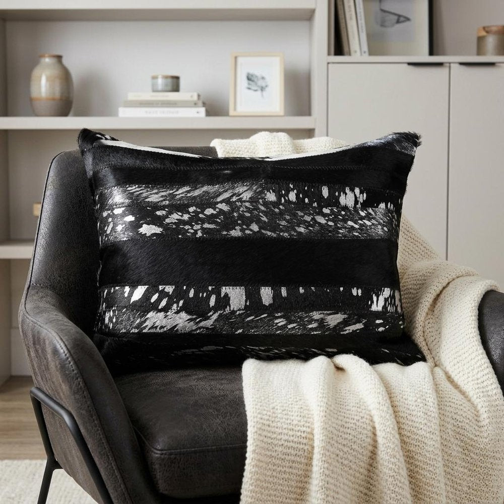 12" X 20" Black and Silver Cowhide Throw Pillow HomeRoots