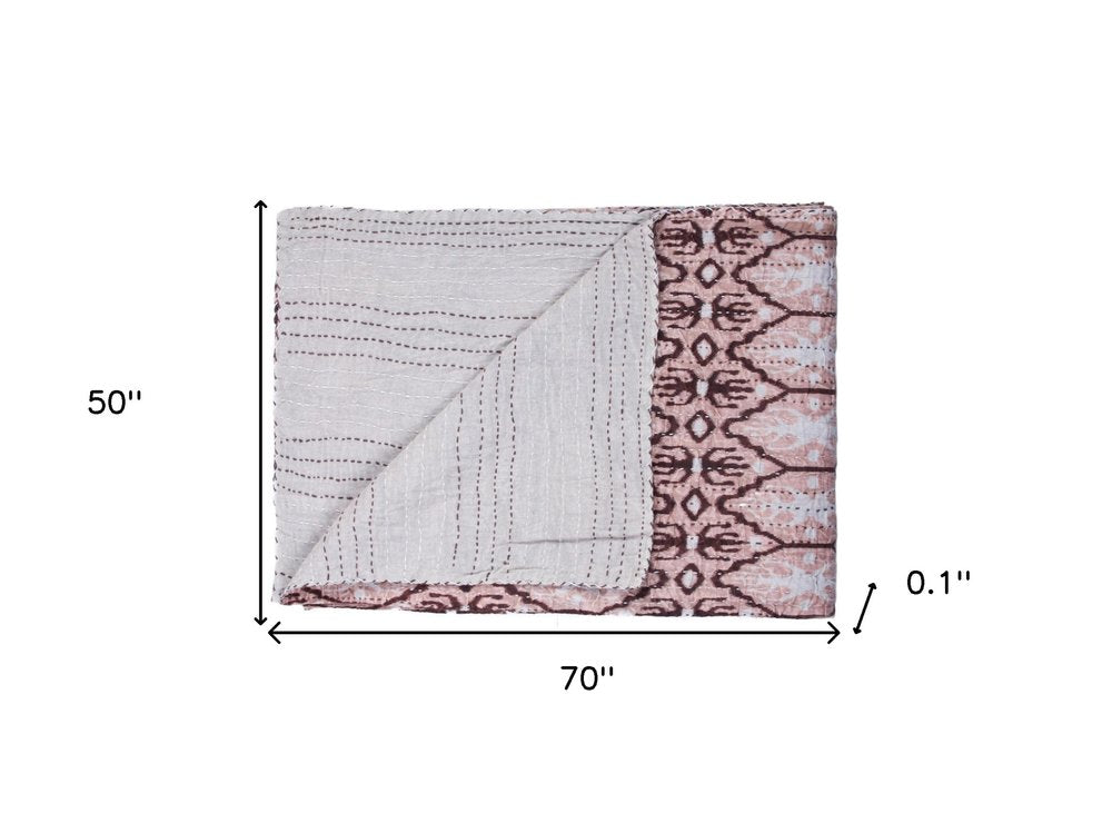 50" X 70" Pink and Brown Kantha Cotton Abstract Throw Blanket with Embroidery HomeRoots