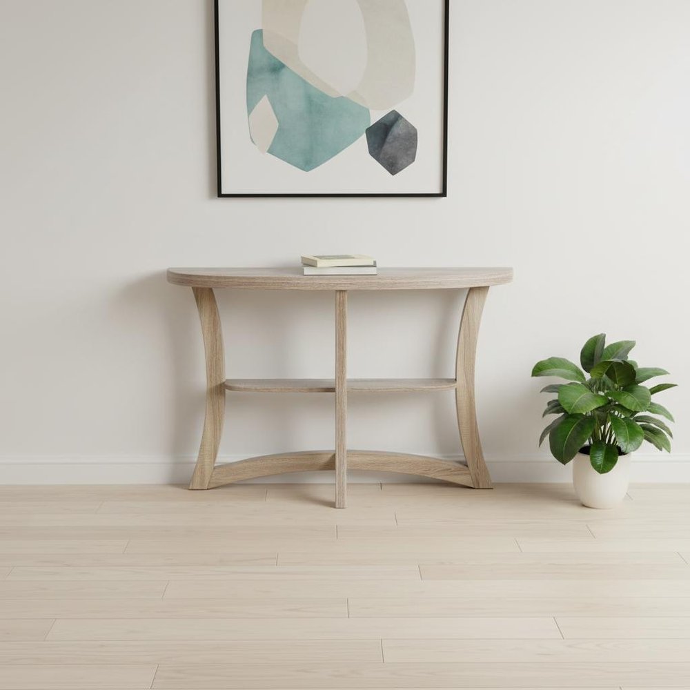 47" Taupe Half Moon Three Leg Console Table With Shelves HomeRoots