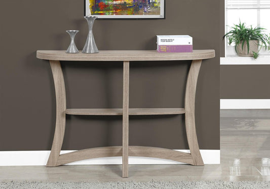 47" Taupe Half Moon Three Leg Console Table With Shelves HomeRoots