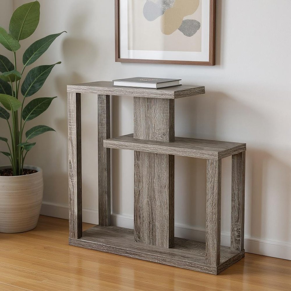 32" Taupe Free form Floor Shelf Console Table With Storage HomeRoots