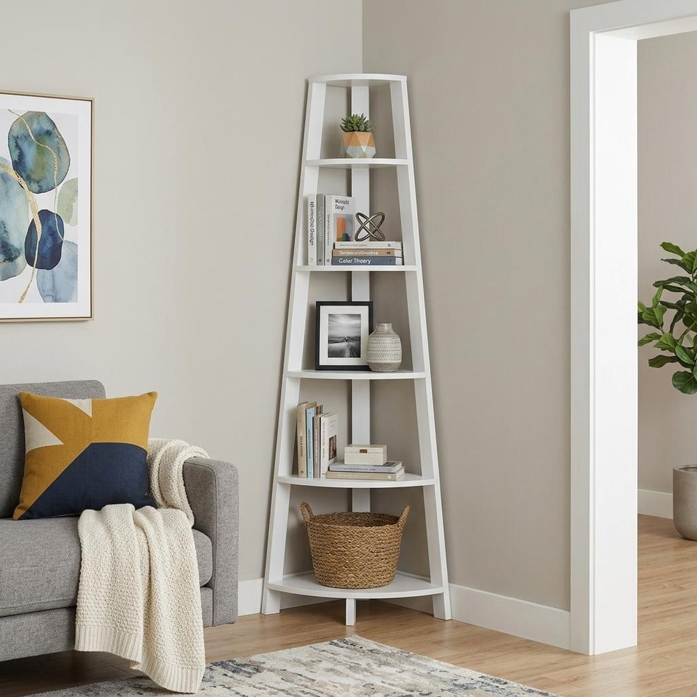 71" Gray Wood Five Tier Corner Bookcase HomeRoots
