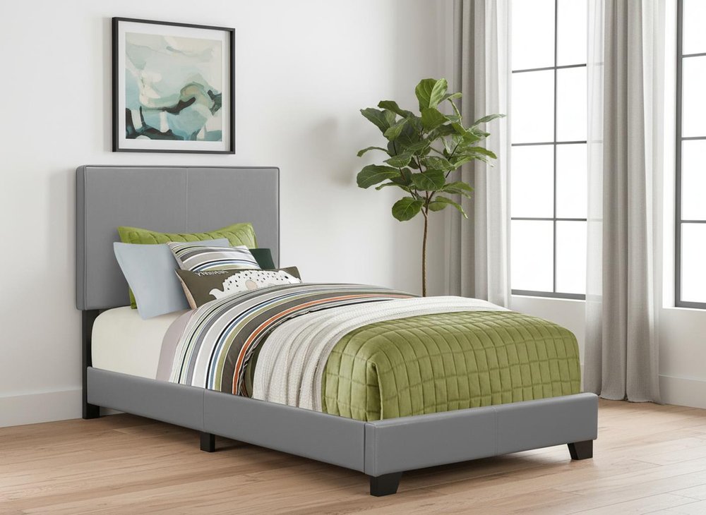 Solid Wood Twin Gray Upholstered Faux Leather Bed HomeRoots