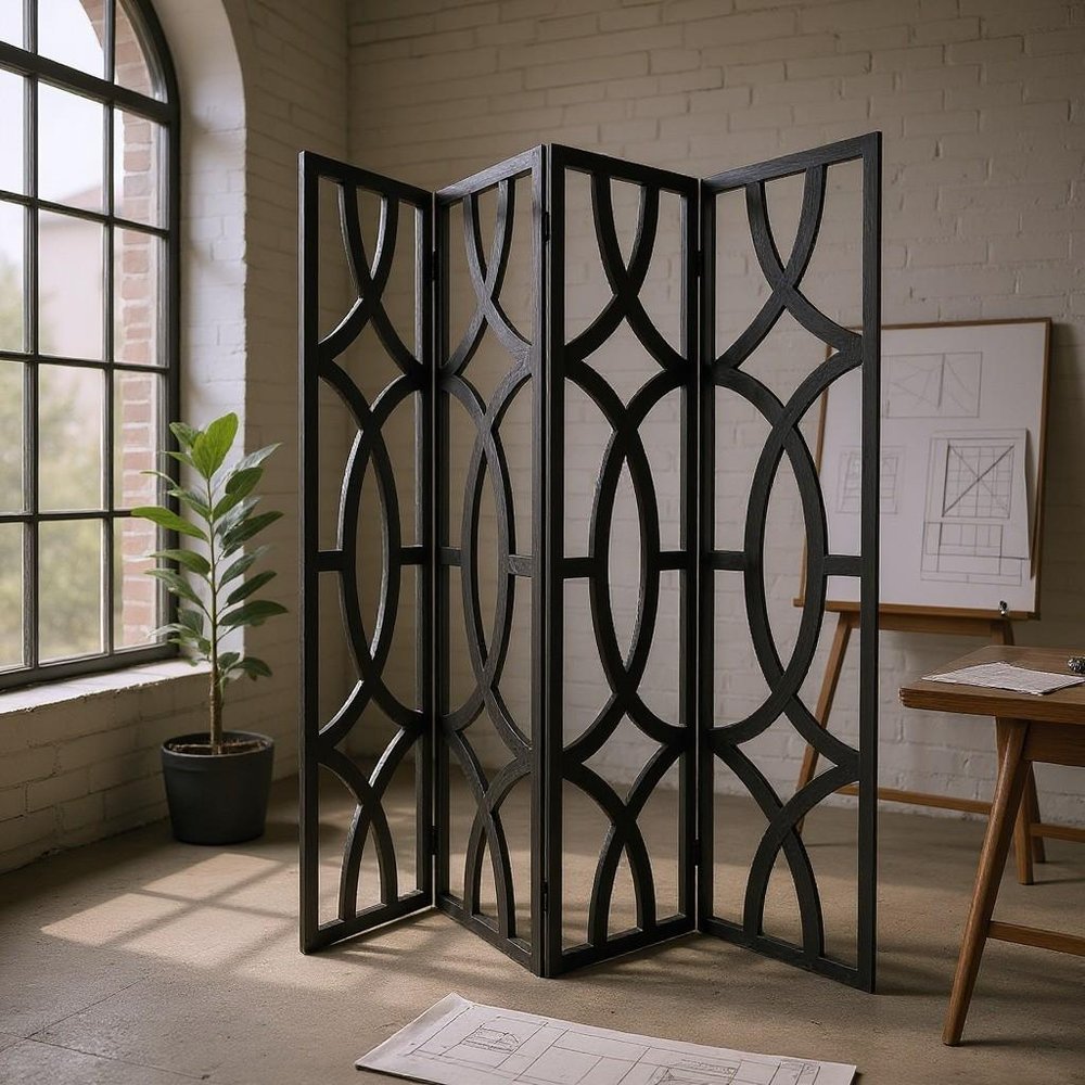 84" Black Solid Wood Folding Four Panel Screen Room Divider HomeRoots