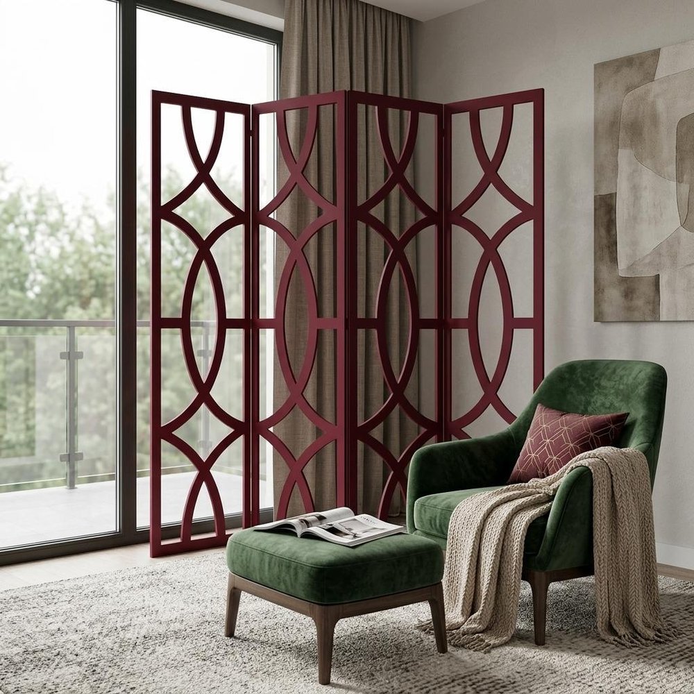 84" Red Solid Wood Folding Four Panel Screen Room Divider HomeRoots