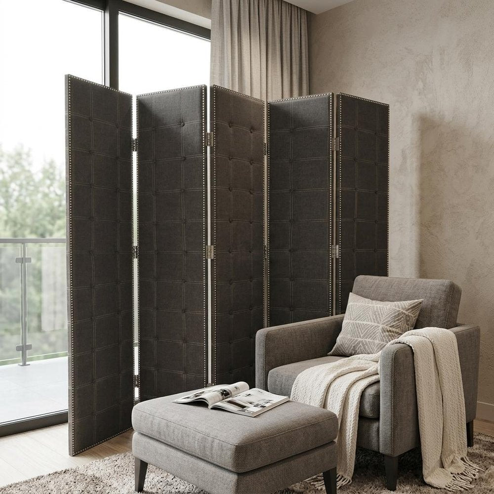 108" Gray Fabric And Wood Folding Five Panel Screen Room Divider HomeRoots