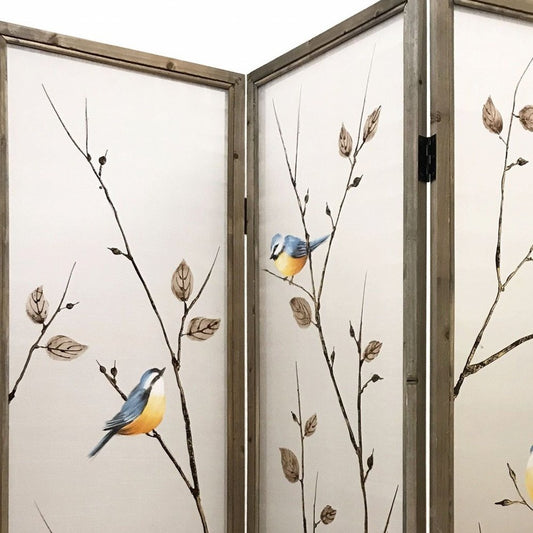63" Brown Fabric and Wood Folding Three Panel Screen Room Divider HomeRoots