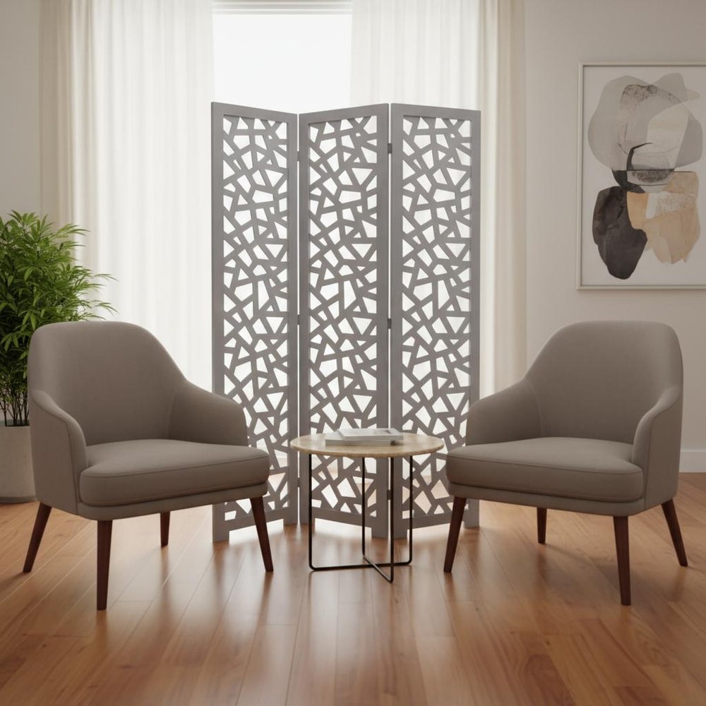 50" Gray Solid Wood Folding Three Panel Screen Room Divider HomeRoots
