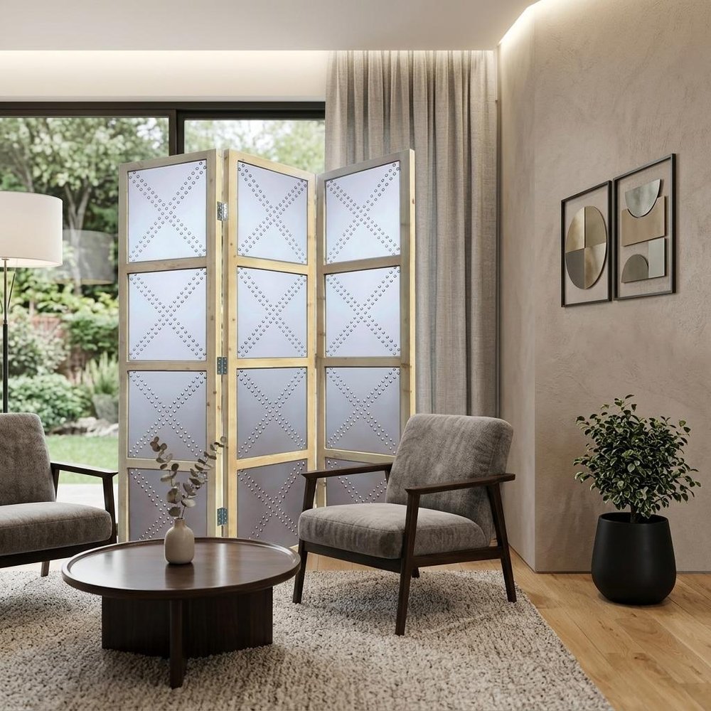 84" Silver Folding Three Panel Screen Room Divider HomeRoots