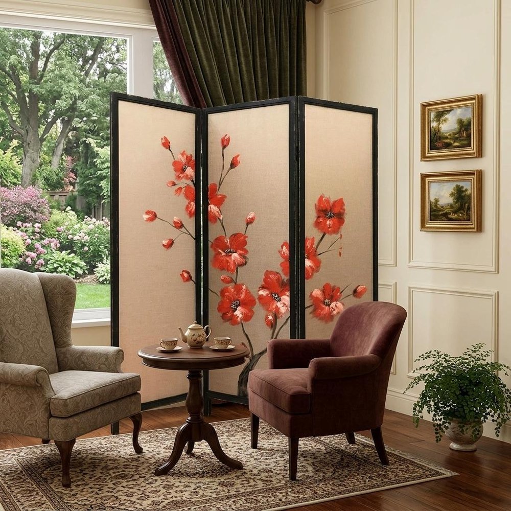 63" Brown Fabric Folding Three Panel Screen Room Divider HomeRoots