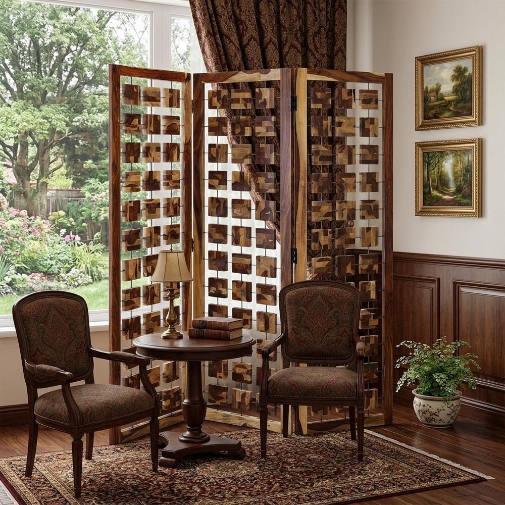 72" Brown Solid Wood Folding Three Panel Screen Room Divider HomeRoots