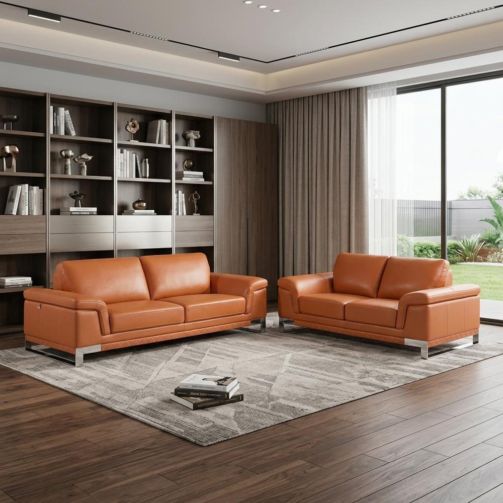 Two Piece Indoor Camel Italian Leather Five Person Seating Set HomeRoots