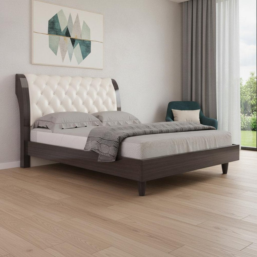 Solid Wood King Tufted Beige Upholstered Faux Leather Bed With Nailhead Trim HomeRoots